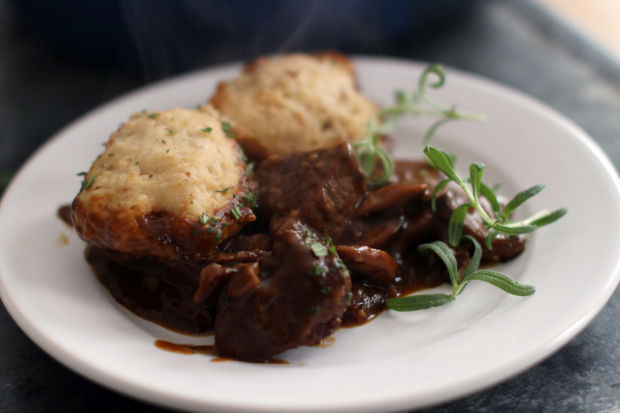 Guinness lamb stew withwalnut Irish soda bread dumplings